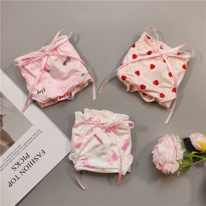 New Couple Panties Set Bear Print Cartoon Printing Underwear Fashion Sexy Lace Ice Silk Fabric Triangle Low Waist Underwear