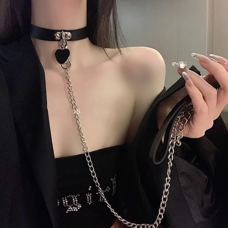 Kalung Choker Kulit Bdsm Tali dan Kerah Gotik Punk Lucu Kalung Budak dengan Tali Pengikat Leher Aksesori Cosplay untuk Wanita