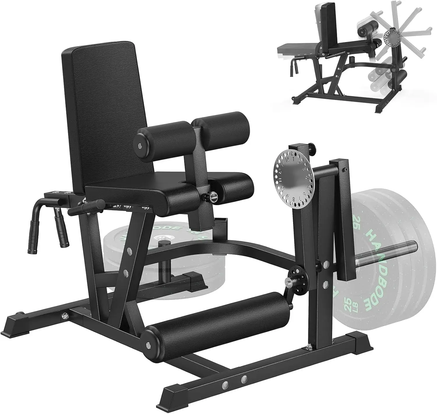 

Home Gym Use, Metal Material, Silver Color, 800 lb Capacity, Fits 1'' and 2'' Plates for Leg Extension and Curl