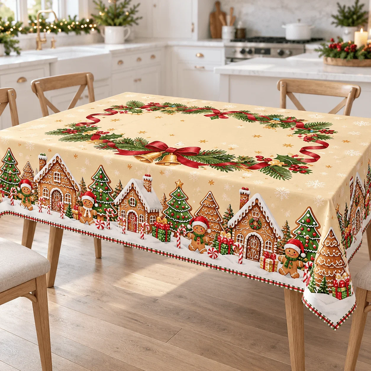 One rectangular tablecloth, cream-colored gingerbread house with gingerbread man print, paired with Christmas tree, candy, pine