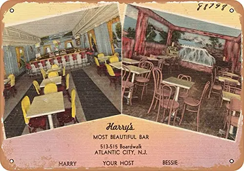 Metal Sign New Jersey Postcard - Harry's, Most Beautiful bar, 513-515 Boardwalk, Atlantic City, N.J.j - Vintage Rusty Look