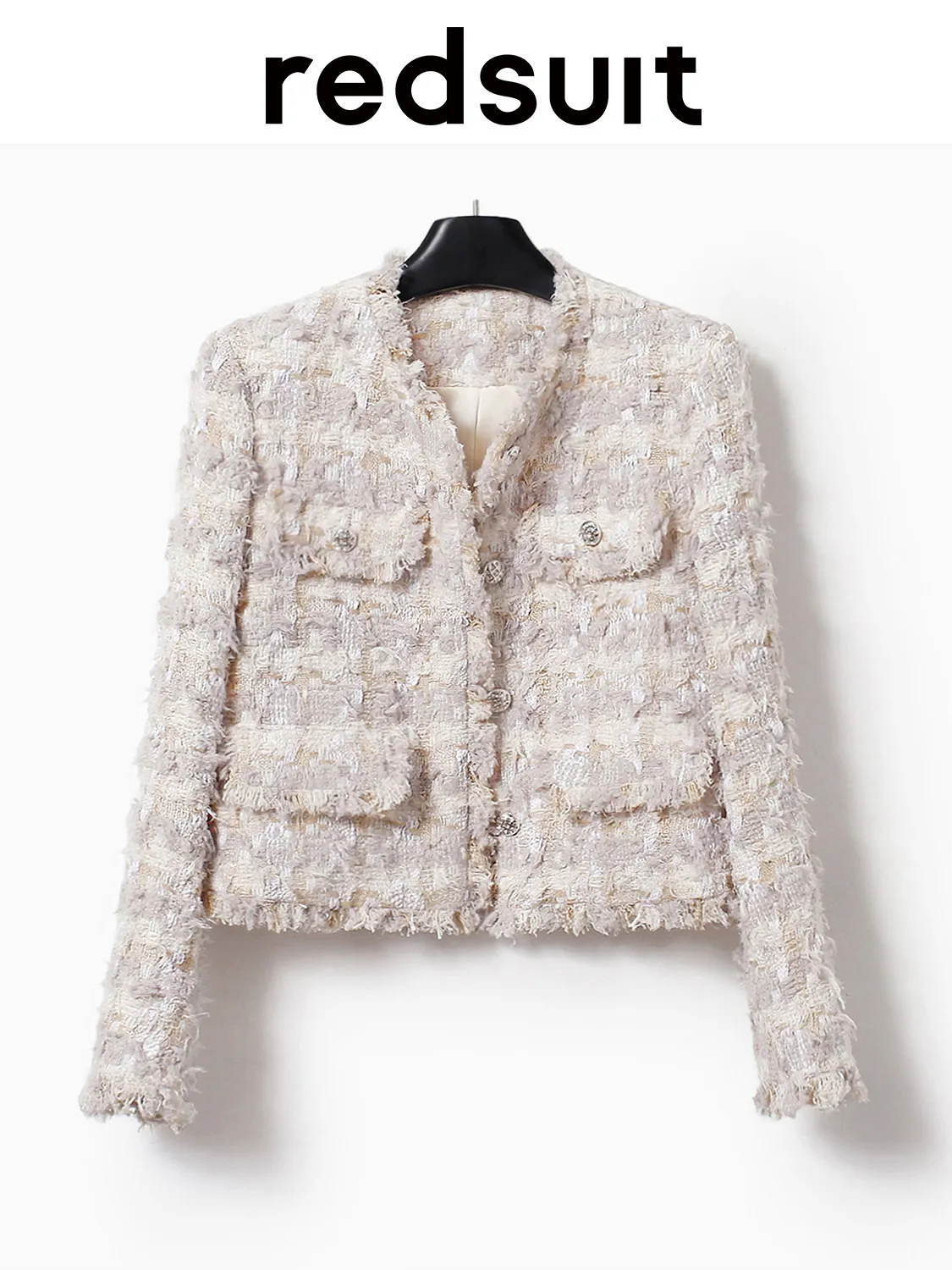 New Mingyuan three-dimensional plaid coarse tweed apricot purple fringe short jacket Custom size