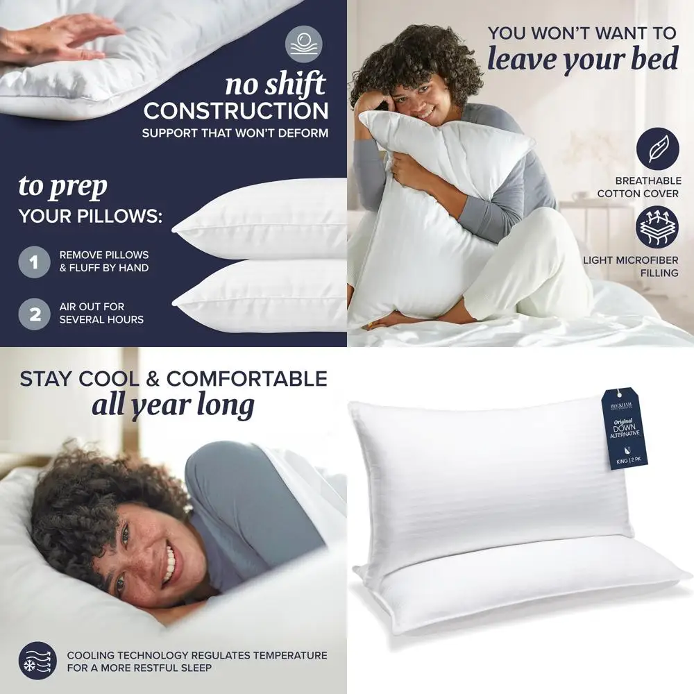 

King Size Pillow Set of 2 - Hypoallergenic Down Alternative for Comfortable Sleep