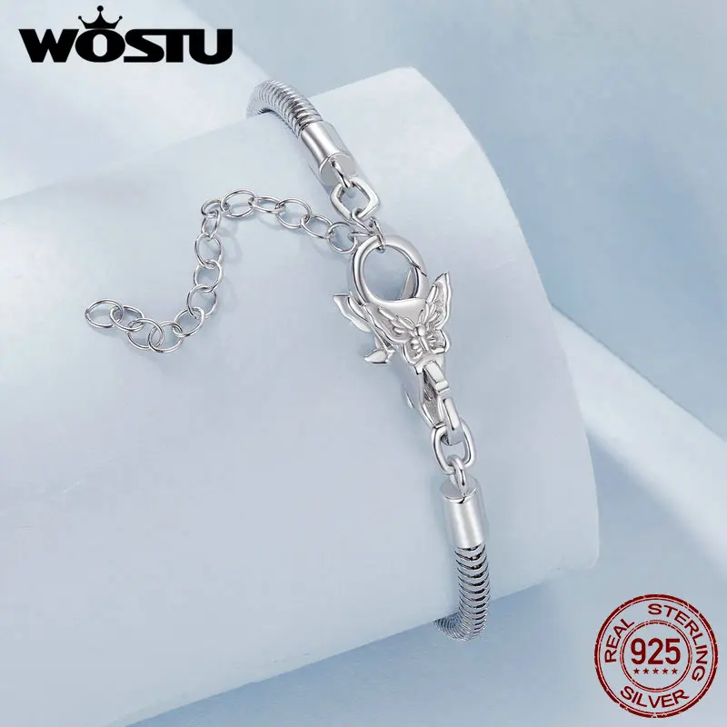 WOSTU Real 925 Sterling Silver Basic Snake Bangle Bracelet Butterfly Flower Closure Buckle For DIY Charms Bead Jewelry Make Gift