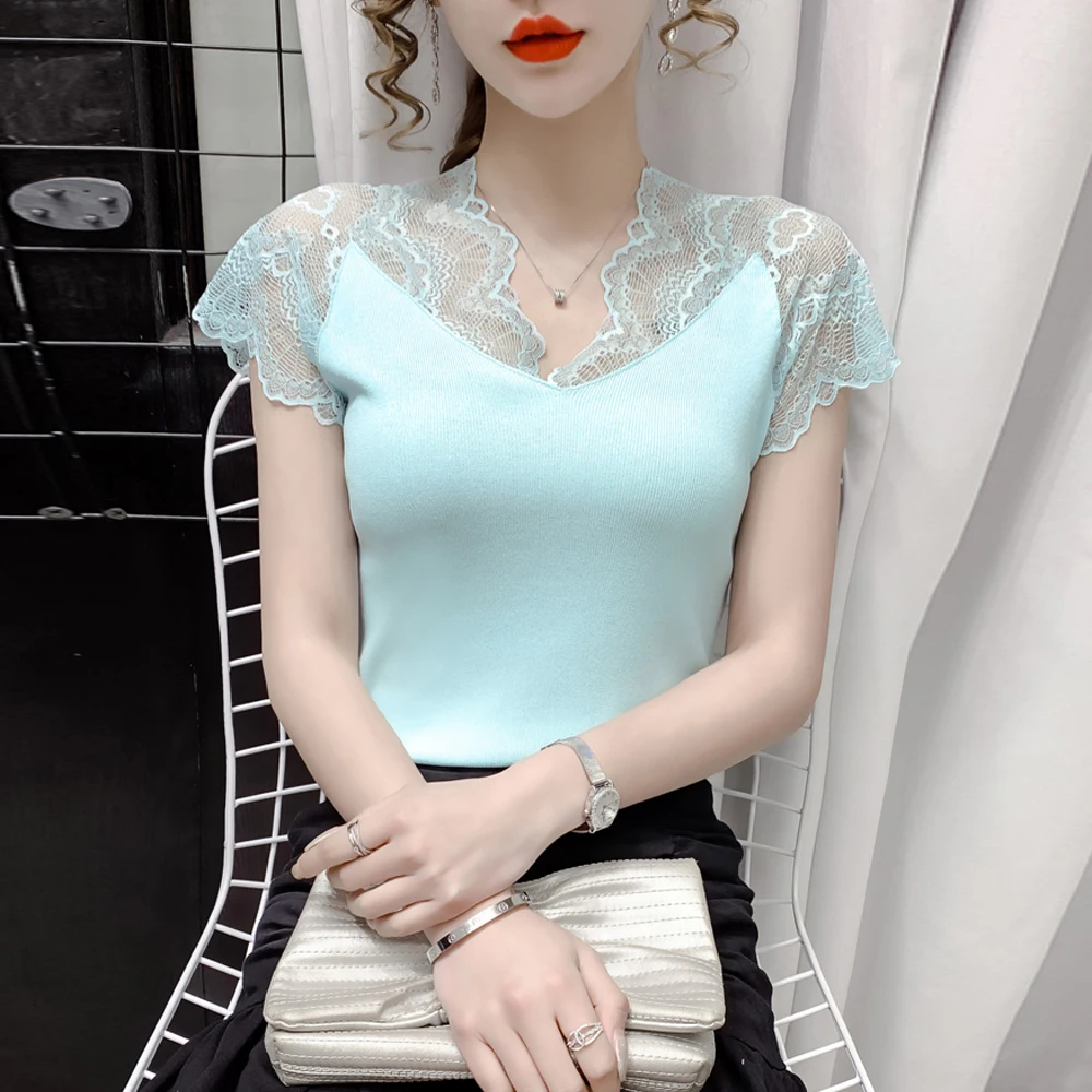 Floral Lace Panel Elastic T shirt Women Lace Sleeve Vest Cheaper Blouse Fashion Ladies Blouses Tops Black White Pink Female Tee