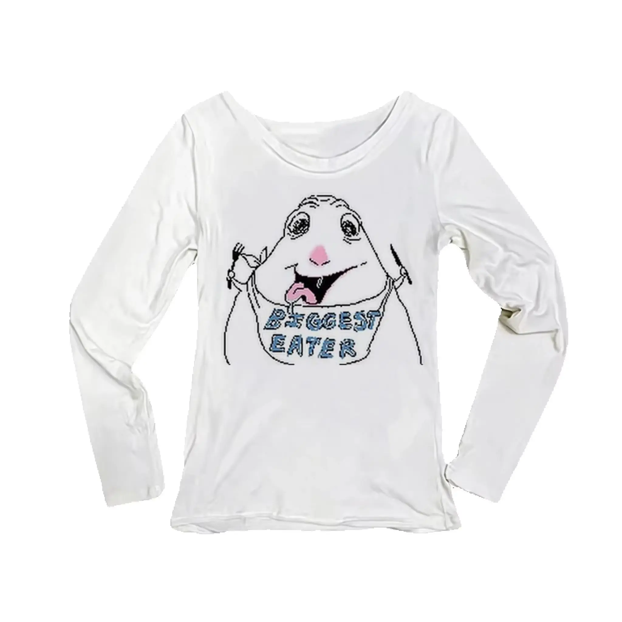 Women Long Sleeve T-shirt Funny Biggest Eater Meme Cartoon Print O-neck Slim Fit Tee Y2K Casual Fashion Basic Tops For Women Dai