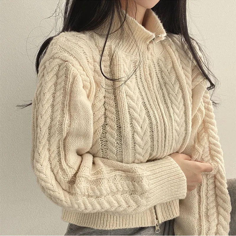 Crop Zip Up Cardigan for Women Wool Blend Cable Knit Zipper Sweater Jacket Ladies Autumn Winter Korean Fashion Outfit