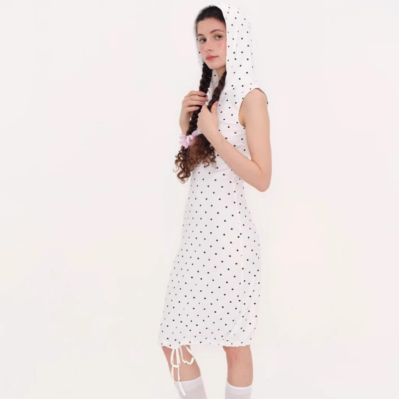 Korean White Polka Dot Stretchy Hooded Casual Drawstring Women's Dress 2025 Summer New Versatile Sleeveless Tank Dresses Ladies