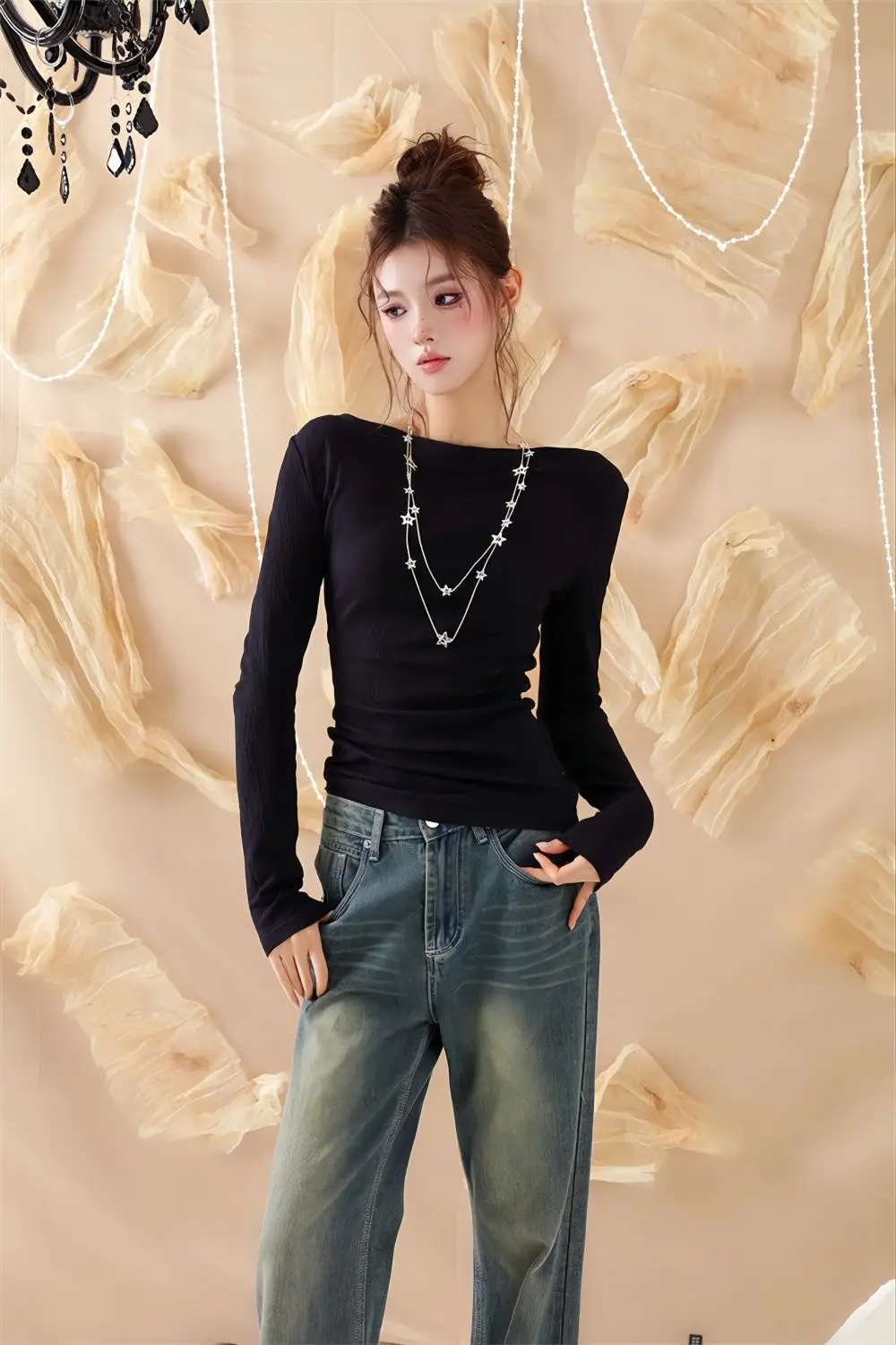 Sexy schwarzes, ausgeschnittenes, mit Perlen verziertes Langarm-T-Shirt für Damen, schmal geschnitten, Basic-Tops, Y2k-Chic, Frühling/Herbst, Oberbekleidung, Streetwear – Detail 5