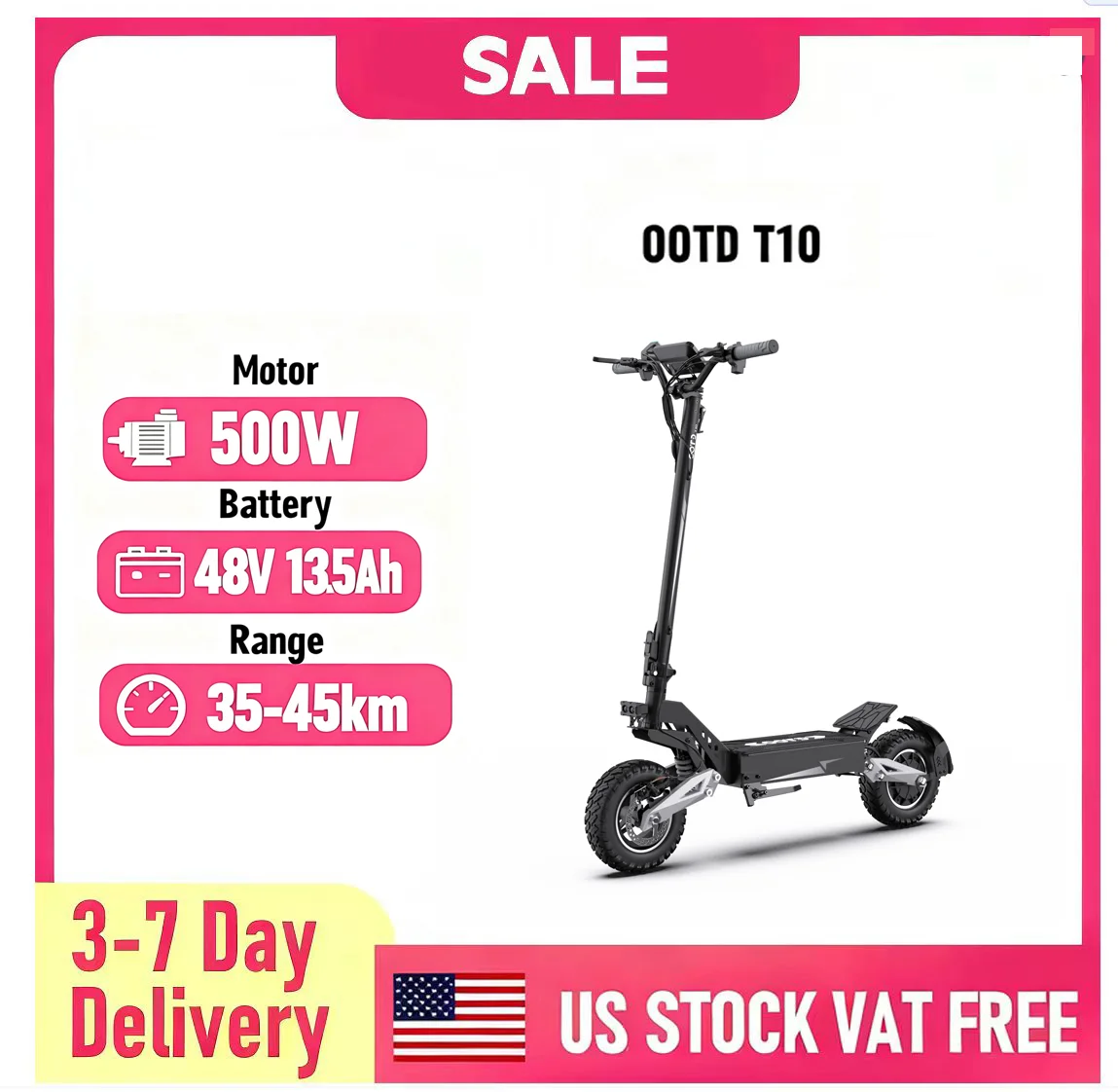 

OOTD T10 11" All-Terrain Electric Scooter 500W Motor 48V 13.5Ah Battery
