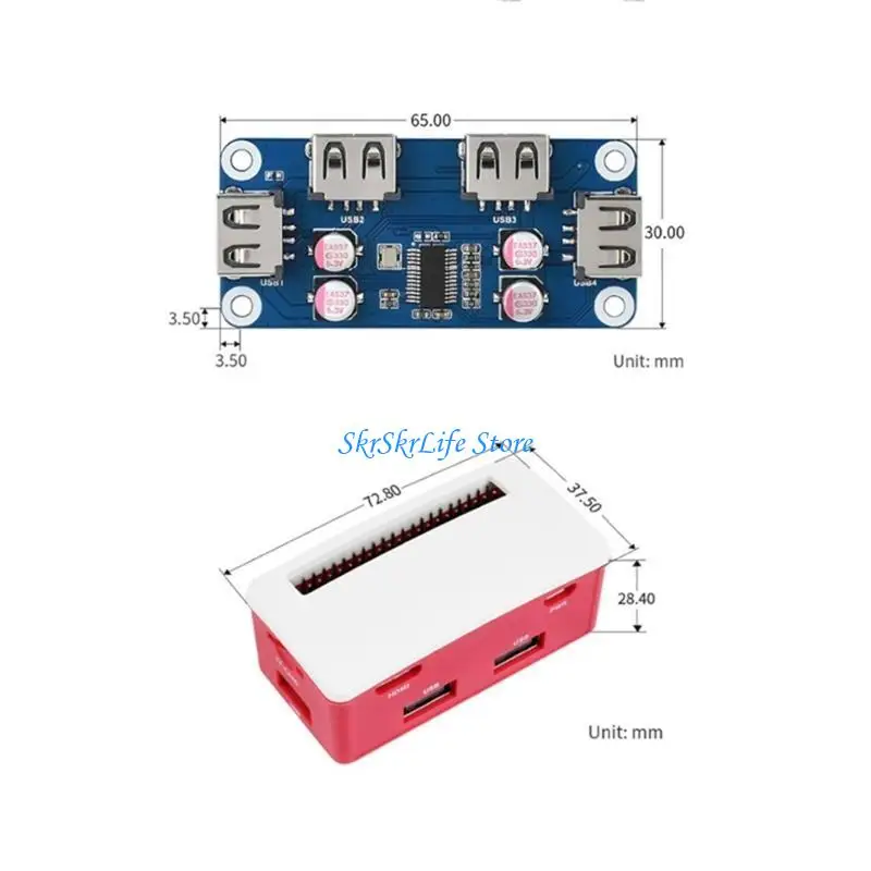 E65E USB Hub Hat Hat Board partida para RPI 0 2 W WH 3A 3B 3 MODELA B 4 4B Caixa Acessórios