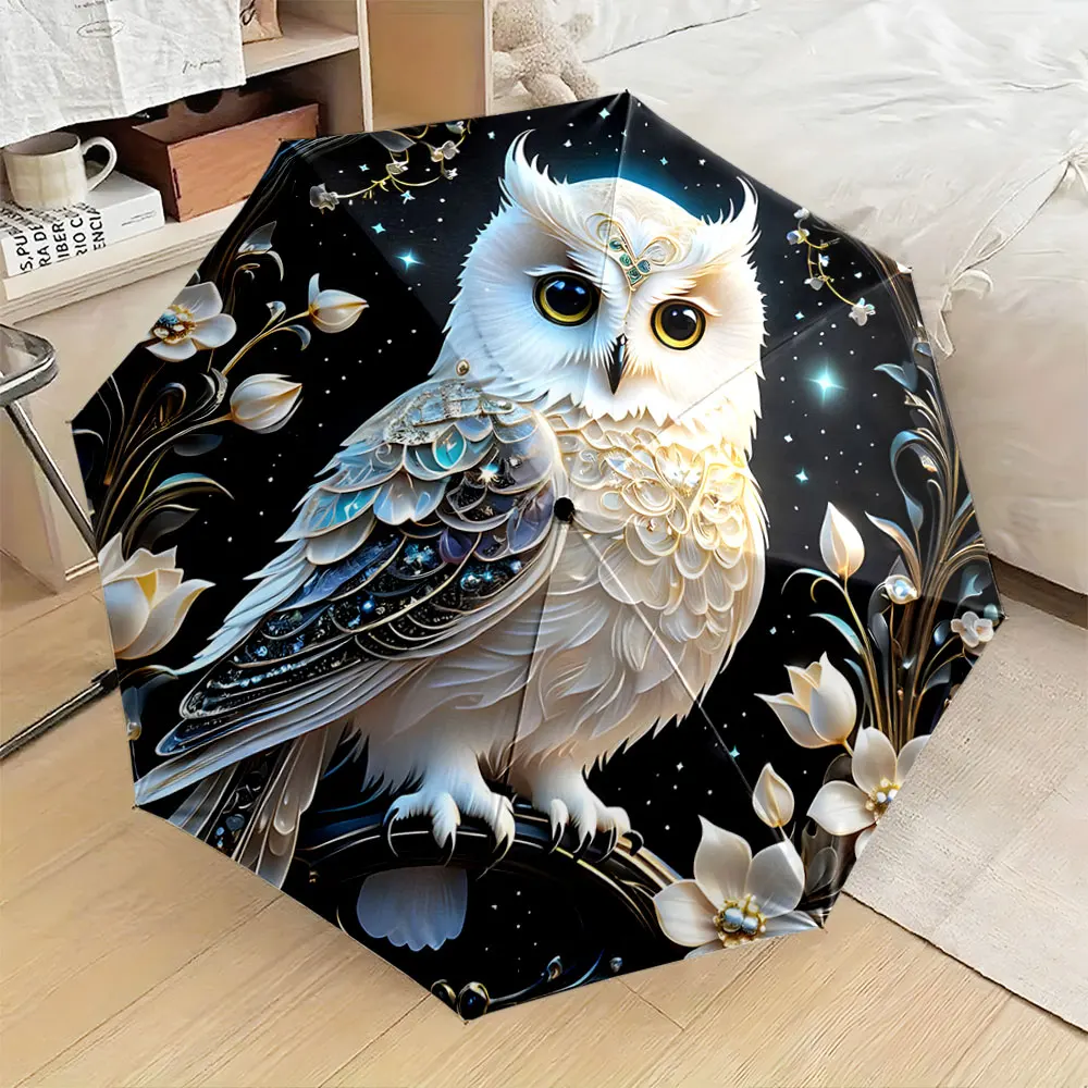 1PC Owls and Flowers Design Elegant Umbrella with Starry Background 8 Iron Ribs Folding Umbrella Auto-Open Fashion Sunshade