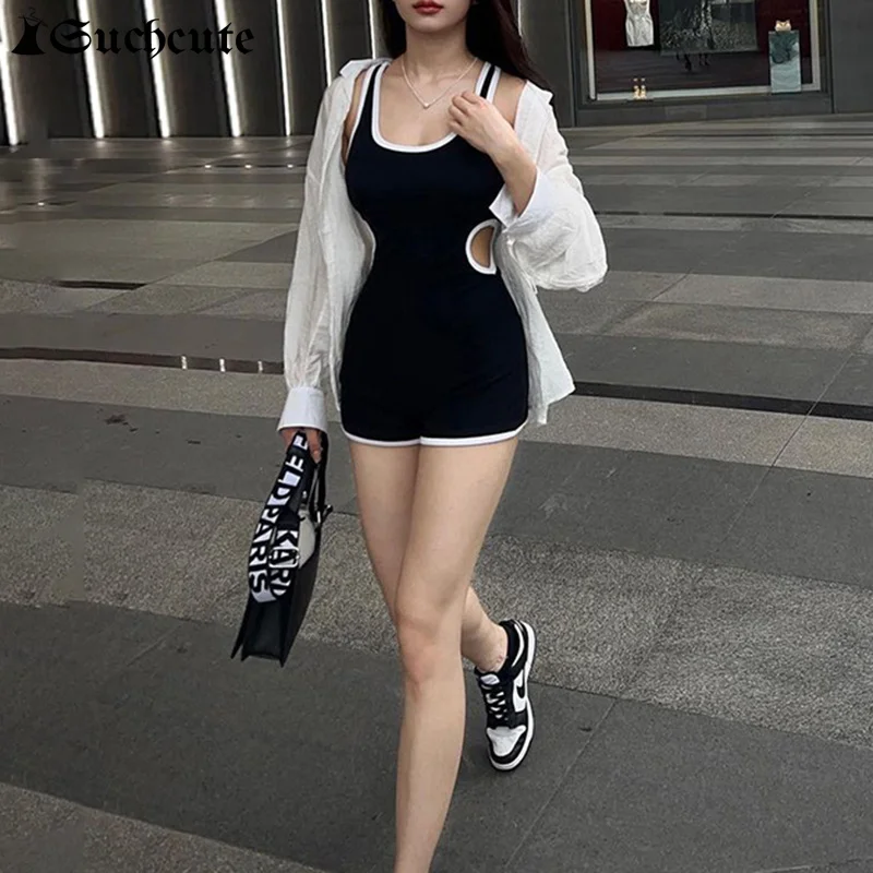 SUCHCUTE baju monyet hitam Streetwear, Jumpsuit hitam seksi tanpa lengan, Playsuit elegan untuk wanita