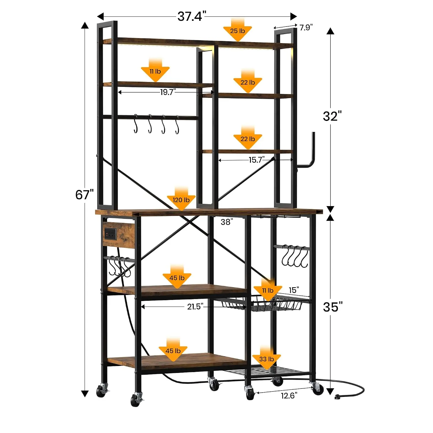 Bakers Rack with Power Outlets and LED Light, Large Capacity Coffee Bar & Microwave Stand for Small Appliances, Stable Metal