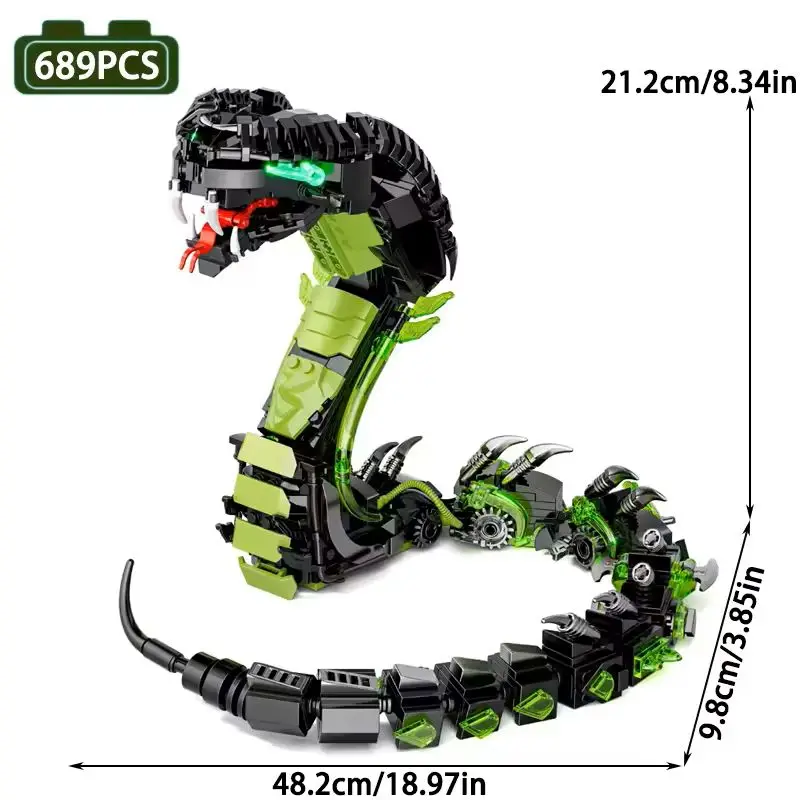 2025 Mechanical Snake Building Blocks Sets 689Pcs STEM Technological Cobra Animals Model Bricks Toys for Kids Childrens Toys MOC