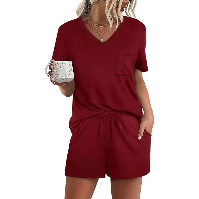 

Lady's Loungewear V Neck Pullover Short Sleeve Pajamas Sets Continental Summer Modal Solid Color Casual Homewear 2pcs Suits