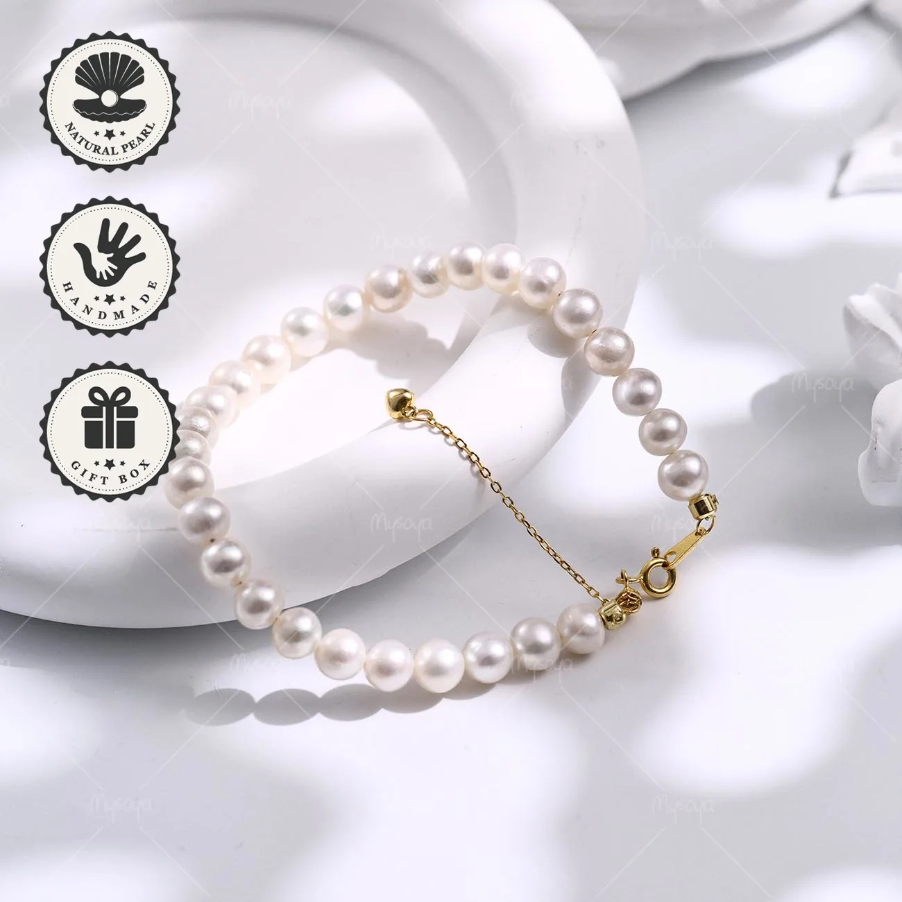

Mysoya White Freshwater Pearl Bracelet 6–7mm Golden Extension Chain With S925 Silver Clasp Gift Box Valentine’s Day Birthday