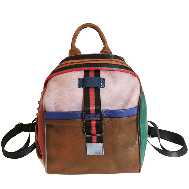 Retro Style Ethnic Elements Handmade Leather Backpack School Bag Women's Shoulder Bag