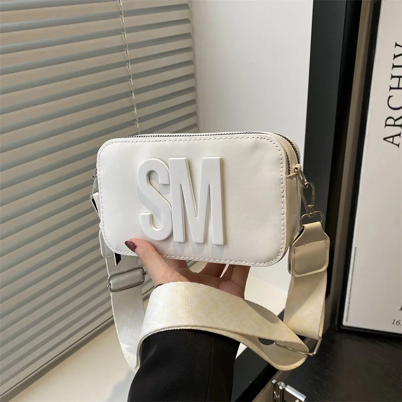 Chic SM Letter Camera Bags, Stylish Women’s Crossbody Small Square Purses with Wide Patterned Straps, Perfect for Daily Casual image 3