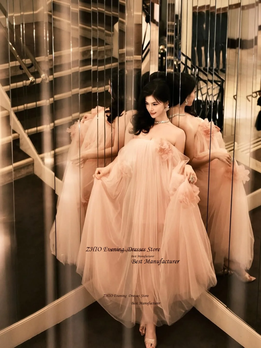 ZHIO Элегантное розовое тюлевое вечернее платье с иллюзией и цветочной аппликацией, плиссированное длинное вечернее платье без бретелек, без рукавов, платье для выпускного вечера по индивидуальному заказу