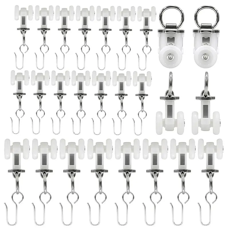 B08B-Double-Wheel Curtain Track Rollers(15Mm), With Reinforced Hooks-25 Hooks+ 25 Rollers For Ceiling Mounting