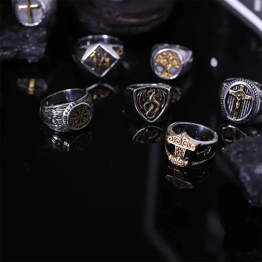 الشمال فايكنغ الفولاذ المقاوم للصدأ حلقة مرساة البوصلة شجرة الحياة فايكنغ رون الذئب الشرير الدائري للرجال مصنع المجوهرات بالجملة #5