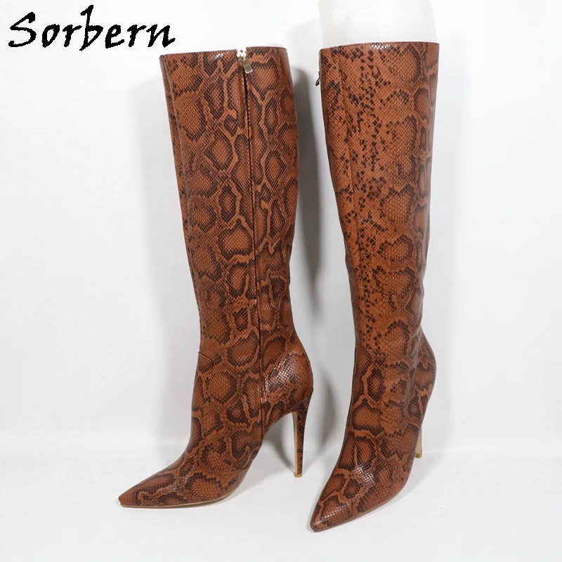 Sorbern Brown Python Knee High Women Boots Wide Ankle Strap Plush For Winter Ladies Boots Custom Shaft Length
