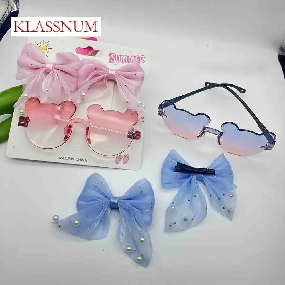Cute Bear Shape Gradient Sunglasses Tulle Pearl Hair Bows Clips Children Beach Photo Props Kids Girls Summer Accessories Set