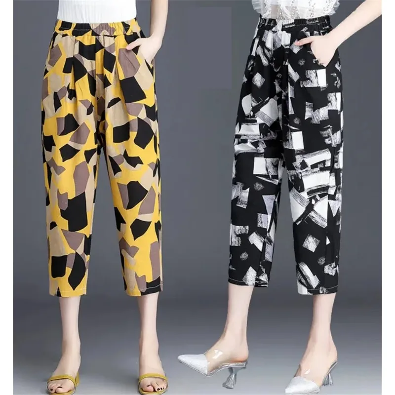 

New Mom's Vintage Summer Print Harem Pants Baggy Women High Waist Capris Pantalones Fashion Big Size 4xl Cotton Thin Sweatpant