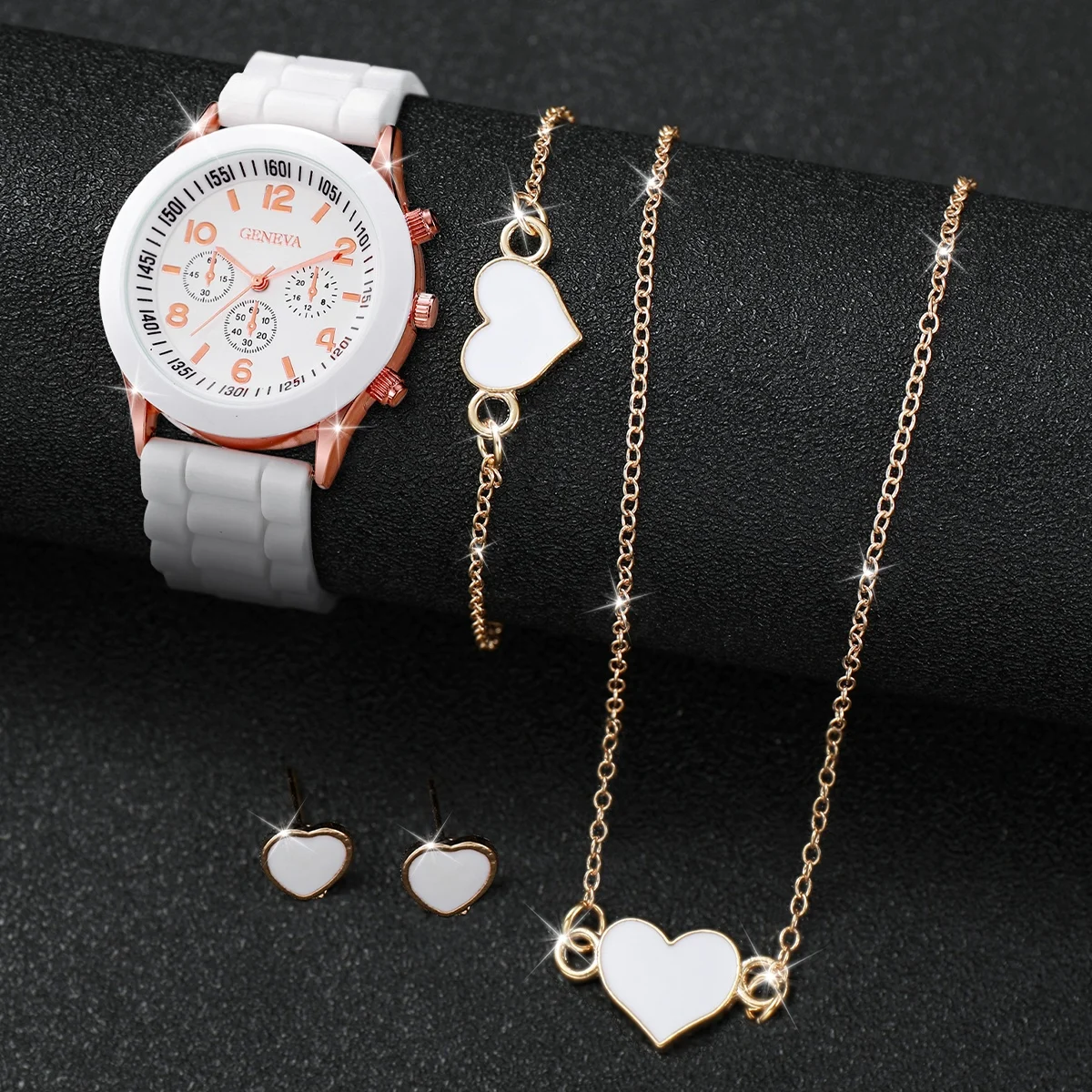 4pcs/set Geneva Watch Fashion Silicone Band Women Quartz Watches Heart Jewelry Set(Without Box) image 4