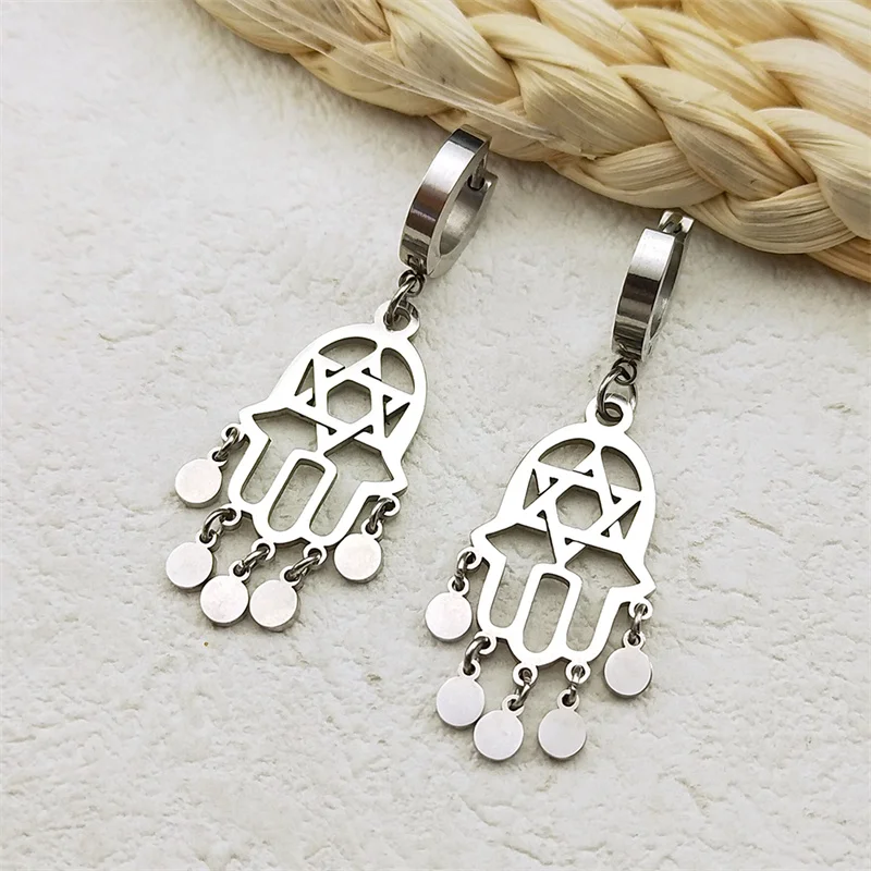 

Jewish Star of David Hamsa Hand for Women Piercing Hoop Earrings Stainless Steel Silver Color Trendy Earrings Gift Jewelry