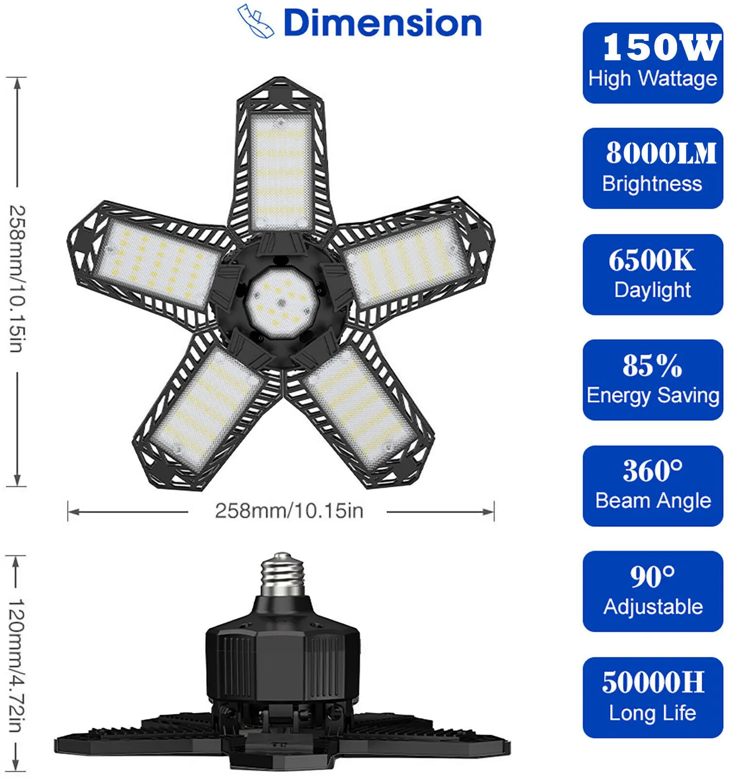 Luz LED de techo para Taller, Bombilla Deformable para garaje, 150W, 15000 lúmenes, E27/E26