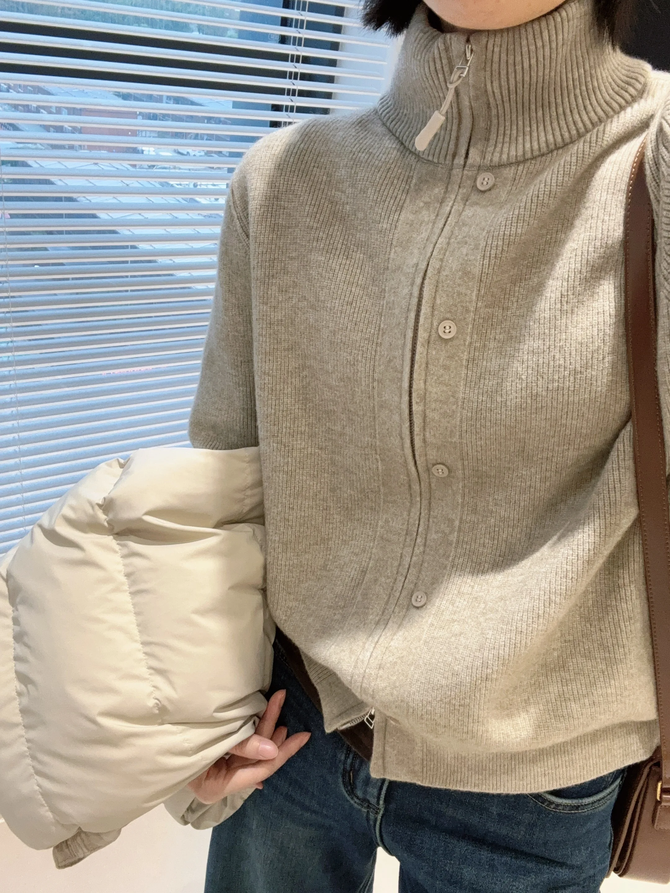 

Теплый вязаный кардиган на молнии с высоким воротником, свободного кроя, длинный рукав, тонкий зимний верхний одяг для женщин