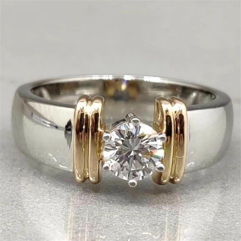 Huitan Modern Fashion Two-Tone Cubic Zirconia Wedding Rings for Women Simple Design Engagement Party Trend Jewelry Drop Shipping