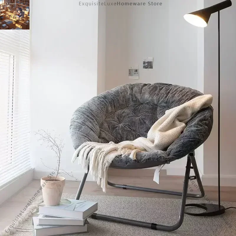 

Comfortable Faux Fur Saucer Chair Round Folding Lounge Chair Living Room Flexible Seating for Adults Big Moon Shape Decorative