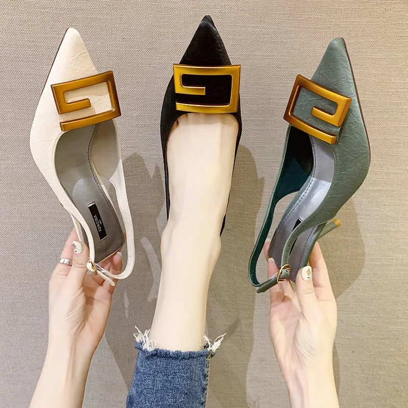 Metal Decoration Baotou Sandals Women Shoe French Pointy High Heels All-match Work Shoe Sexy Single Shoe High Heel Women Sandals