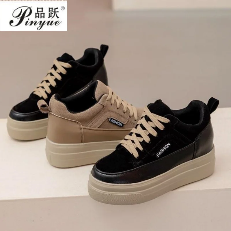 8cm Women Fashion Chunky Sneakers Genuine Leather Cow Suede Platform Wedge Spring Autumn Casual Females Hidden Heels Shoes 31-40