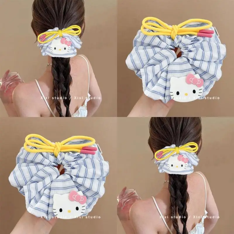 

Hello Kitty Bow Hair Loop Hair Rope Refreshing Blue Striped Large Hair Loop Head Rope Rubber Band Girl Hair Accessories Gift