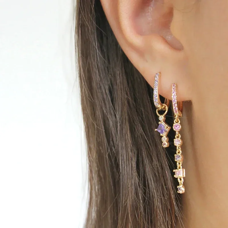 NEW 925 Sterling Silver Ear Needle Geometric Zircon Chain Hoop Earrings Colorful Crystal Pendant Earrings Luxury Fashion Jewelry