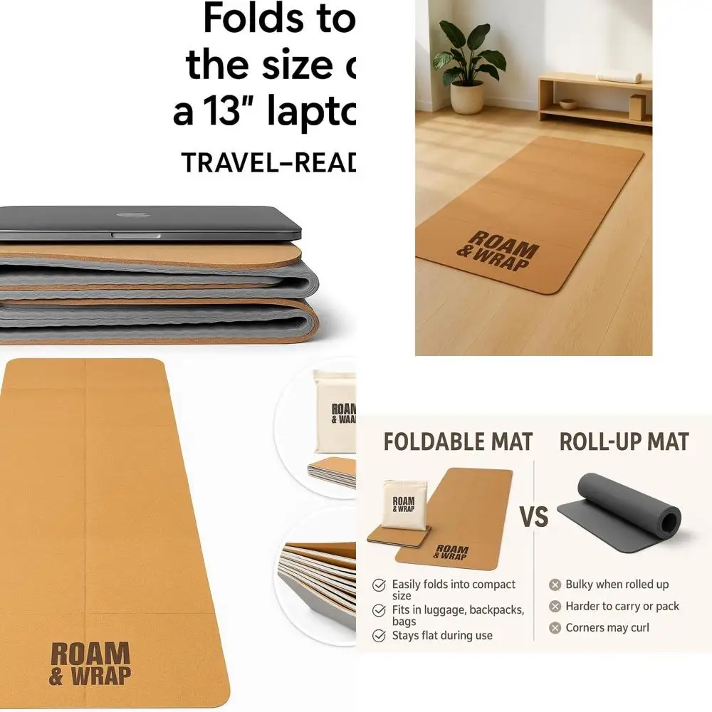 سجادة يوجا محمولة قابلة للطي مقاس 5 مم مع سطح من الفلين - خفيفة الوزن وقابلة للتعبئة وسهلة التخزين، مثالية للتمدد واليوجا والبيلاتس - داخل