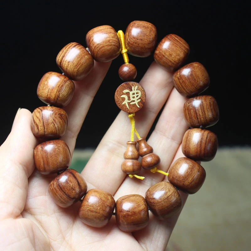 

Myanmar rosewood 15mm vintage- beads with pendant small gourd finely carved ethnic style bracelet for men and women