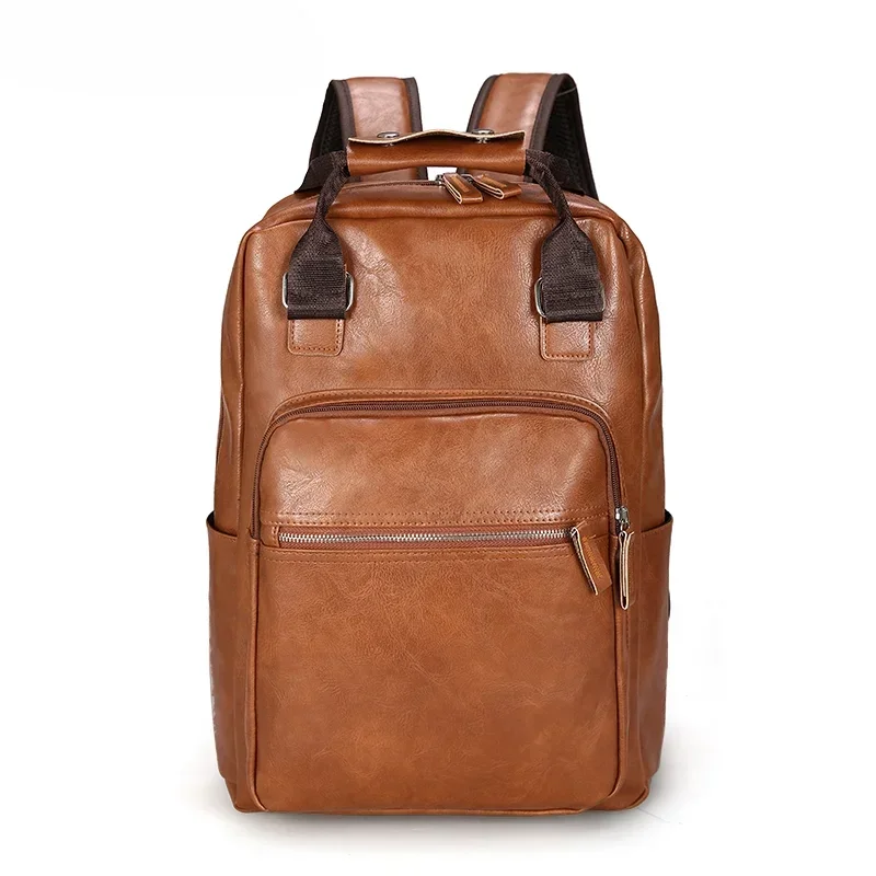 

2024 Men Backpack PU Leather Bagpack Large Laptop Backpacks Male Mochilas Casual Schoolbag for Teenagers Boys Brown