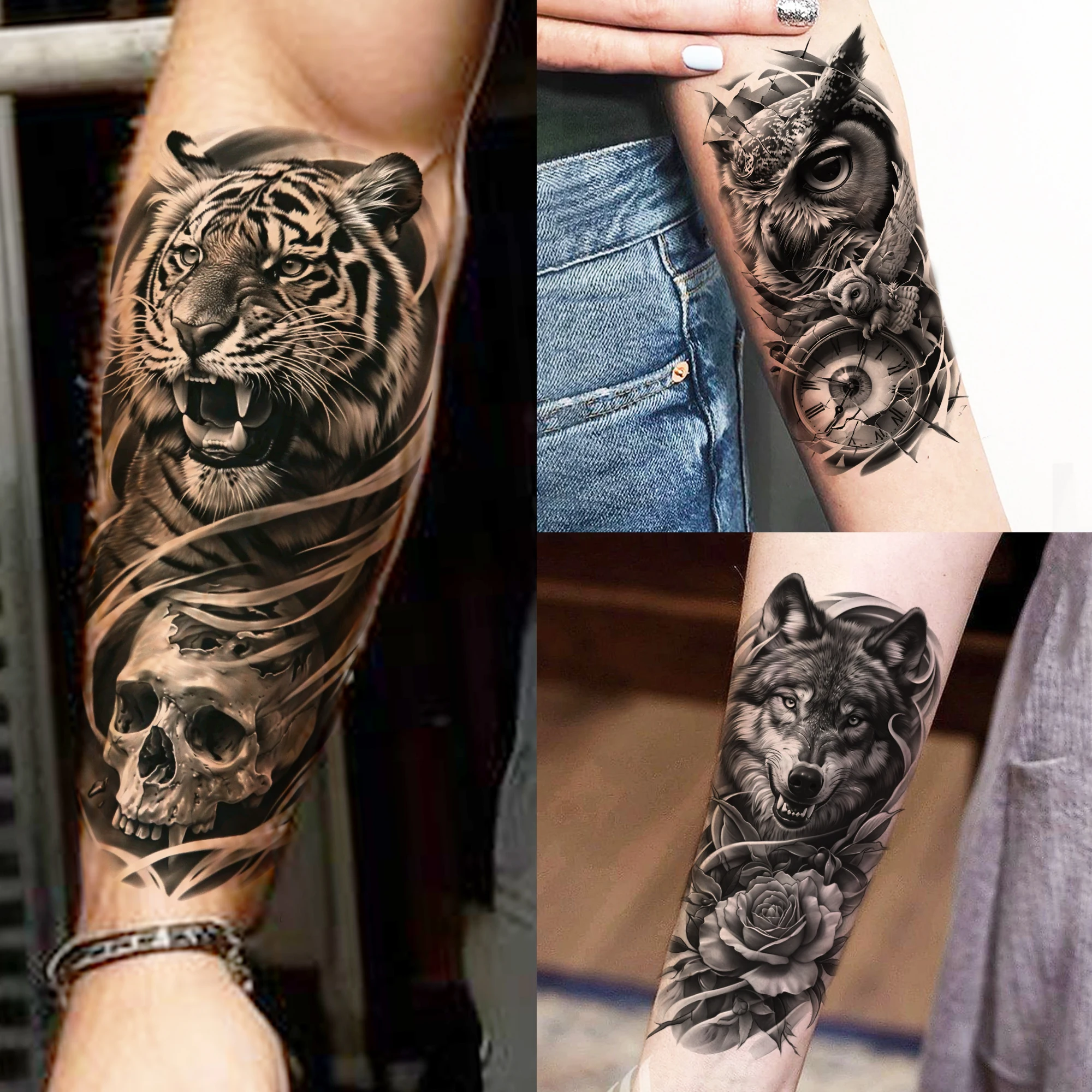

1 Sheet Trendy Cool Tiger With Skull Temporary Tattoos For Men Women Realistic Owl Wolf Tatoos Waterproof Fake Tattoos Stickers