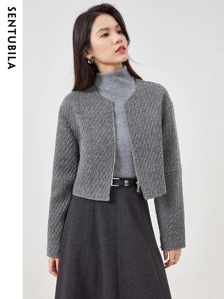 SENTUBILA Wool Blend Elegant Autumn Coat for Women 2024 New Tweed Crop Fashion Round Neck Jacket Female New Outerwear 134W52450