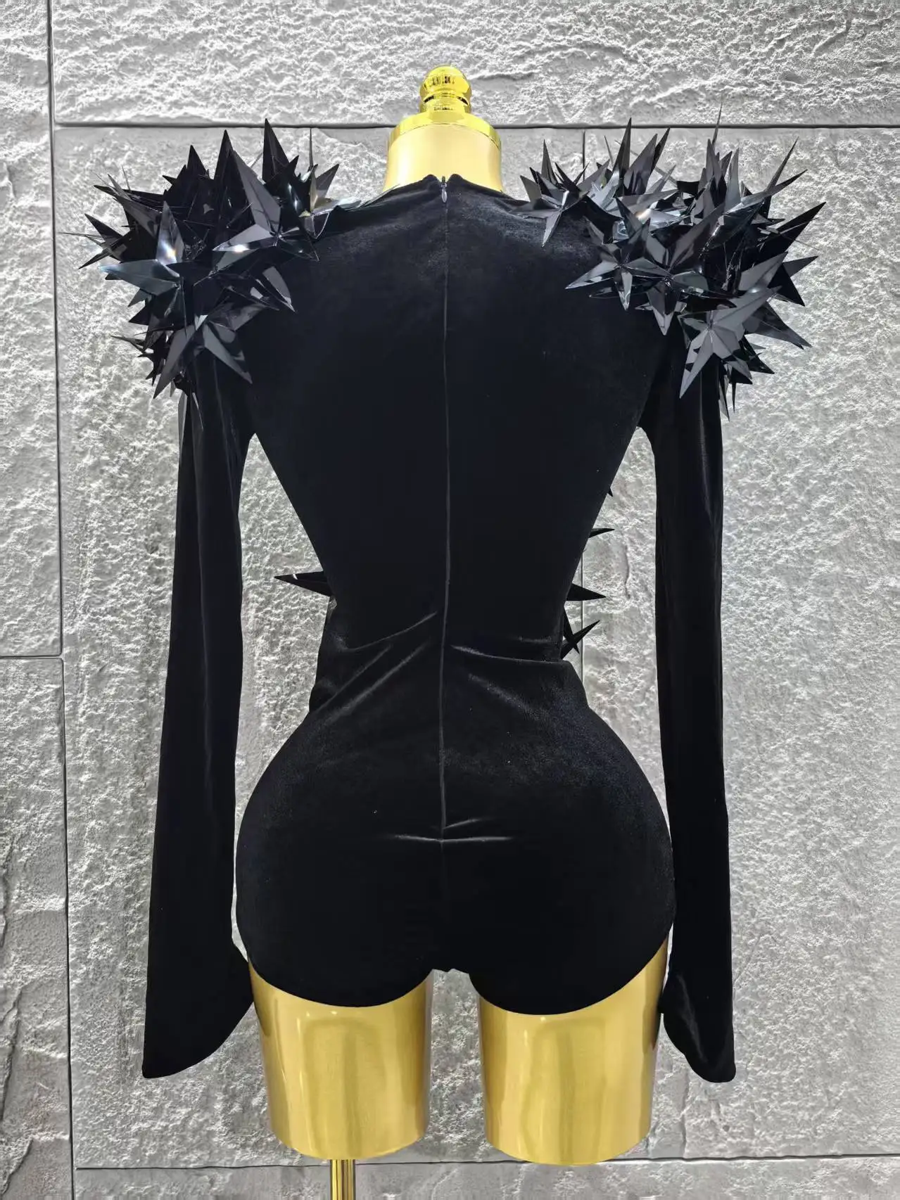 Women Evening Party Club Gala Hosts NightClub Bar Stage Costumes Shiny Black Rhinestone Velvet Long Sleeve Bodysuit