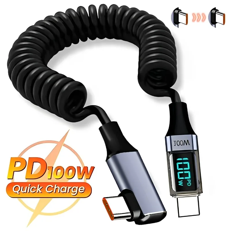 USB C To Type C Elbow Spring Cable 100w LED Digital Display Data Line Retractable Wire for Samsung IPhone Xiaomi Huawei OnePlus