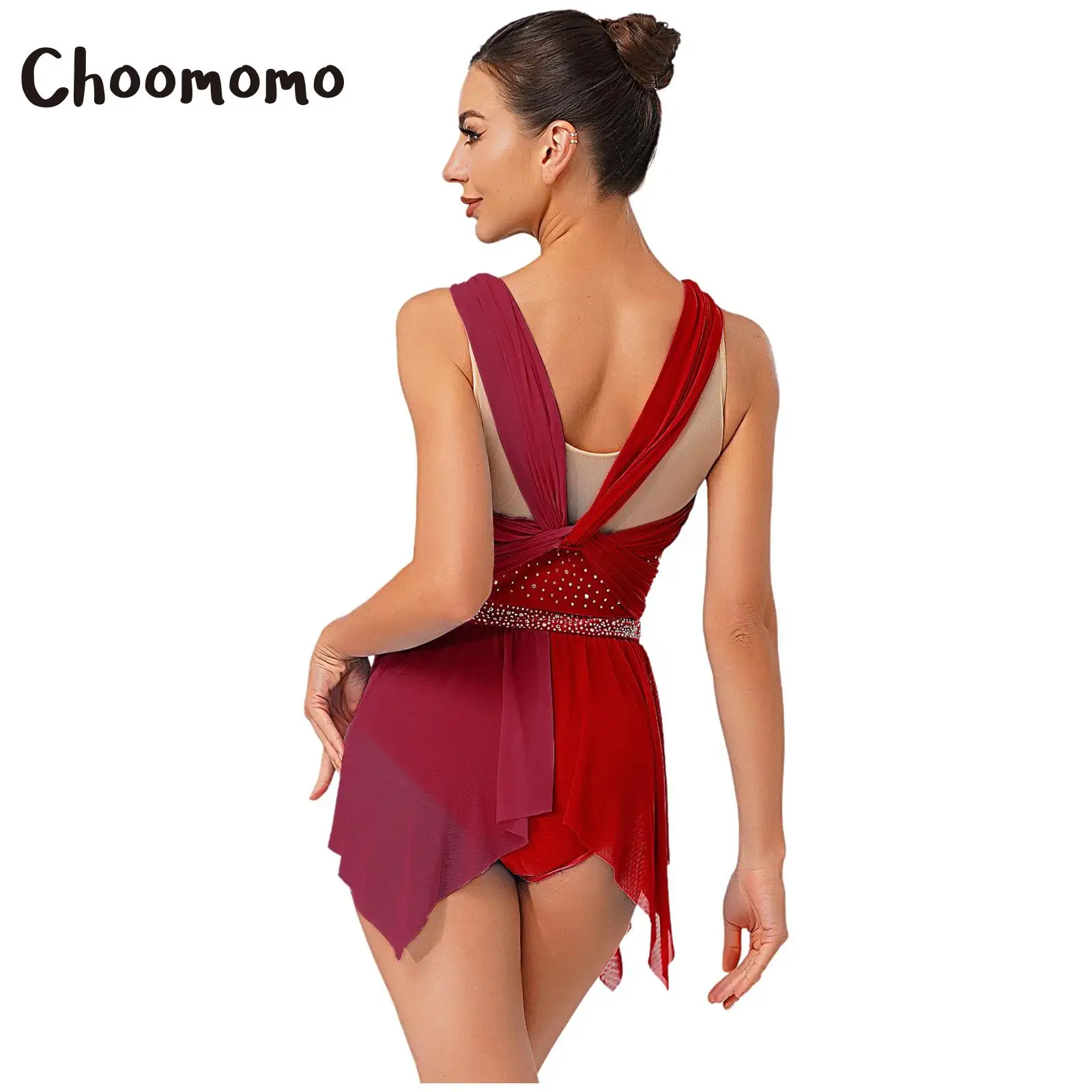 

Womens Rhinestone Lyrical Dance Dress Color Block Mesh Ruched Twisted Knot Irregular Hem Sleeveless Leotard Dress Dancewear