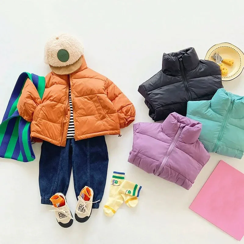 Kids Stand Collar Cotton Jacket New Boys Girls Fashion Thick Warm Outerwear Solid Color Casual Short Coat for Children
