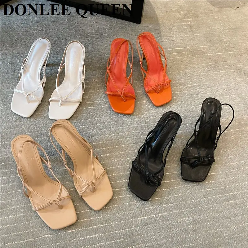 2022 New Summer Square Toe Slingback Sandals Narrow Band Gladiator Shoes Women High Heels Pumps Party Dress Shoes Sandales Mujer