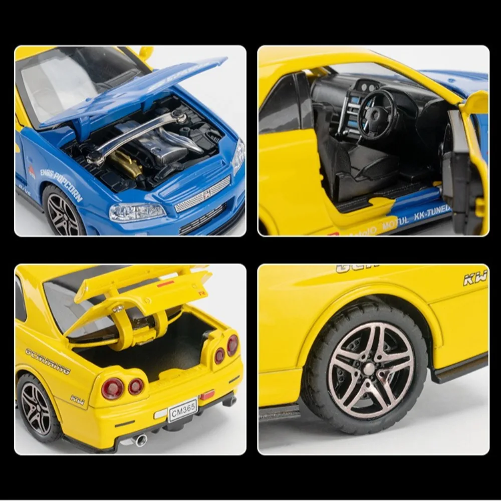 รถโมเดลของเล่น GTR R34 R35 ขนาด 1:32 ประตูเปิดได้ มีเสียง มีไฟ แบบดึงหลัง ผลิตจากโลหะ ของเล่นจำลองรถยนต์ ของขวัญสำหรับเด็ก